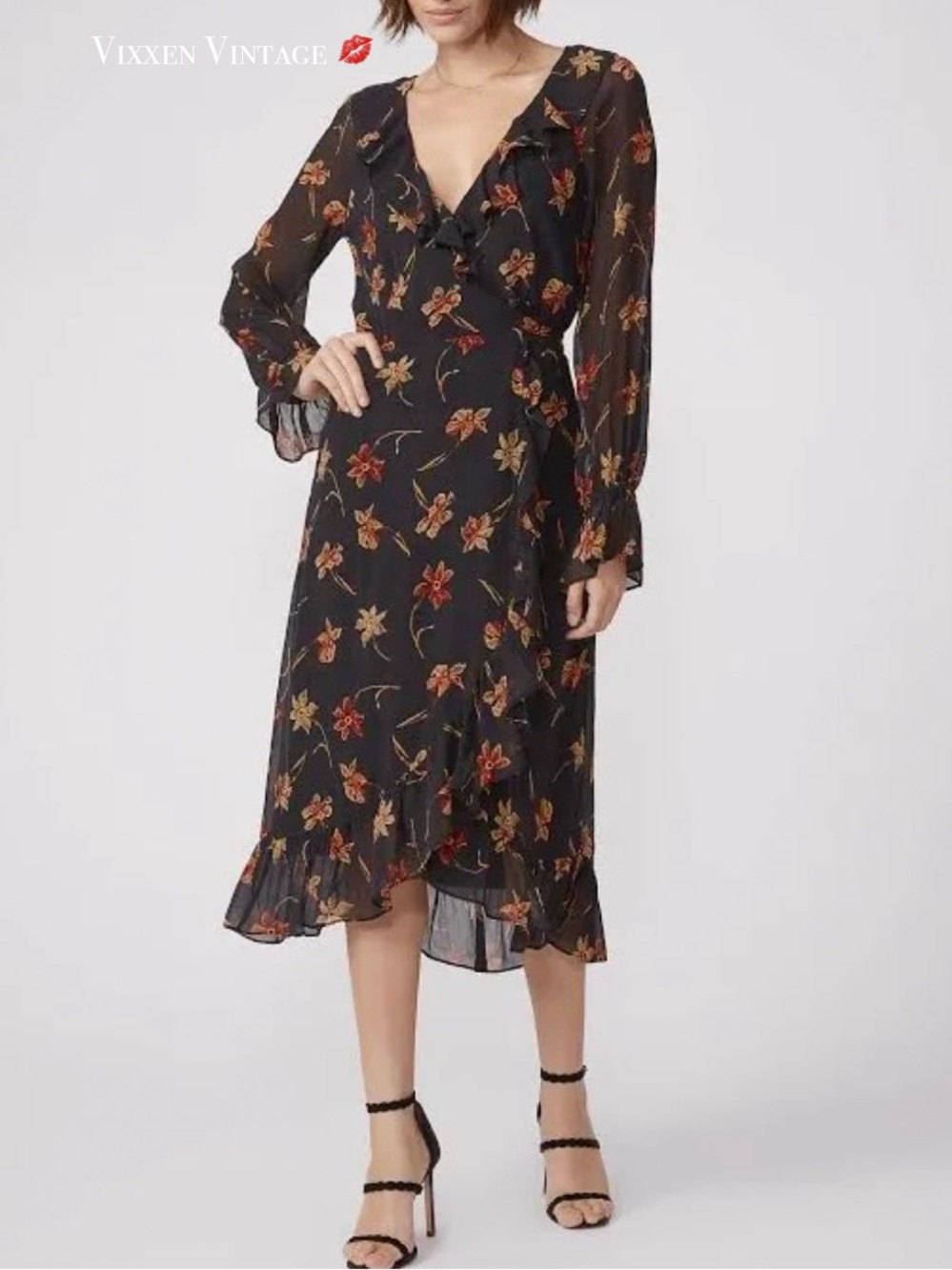 PAIGE BLOUSON FLORAL SILK WRAP 'PROMENADE DRESS' IN BLACK/MULTI